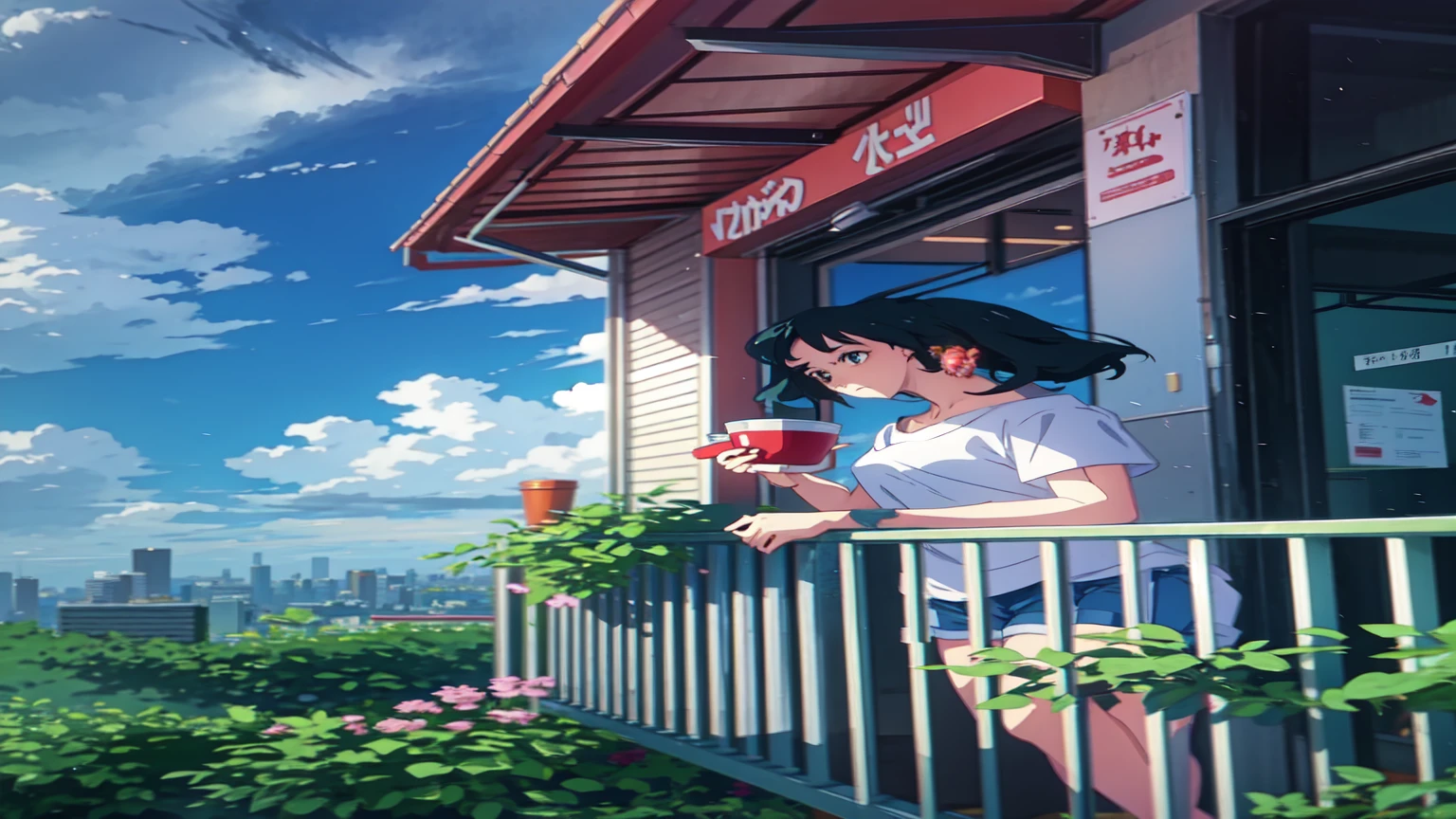 Girl standing on balcony with mug in hand, cgsociety 9, Chill Hop, Alena Aenami and Artgerm, Makoto Shinkai and Artgelm, The Lo-Fi Girl Aesthetic, Anime Scenery, makoto shinkai and (Cain Kuga), Lo-fi aesthetic, Anime scenery, Anime Nature, roof backgrond, Anime Wallpaper