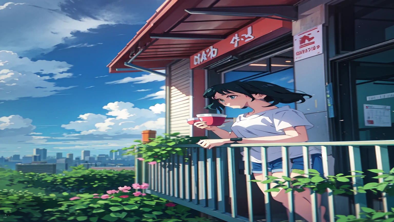 Girl standing on balcony with mug in hand, cgsociety 9, Chill Hop, Alena Aenami and Artgerm, Makoto Shinkai and Artgelm, The Lo-Fi Girl Aesthetic, Anime Scenery, makoto shinkai and (Cain Kuga), Lo-fi aesthetic, Anime scenery, Anime Nature, roof backgrond, Anime Wallpaper