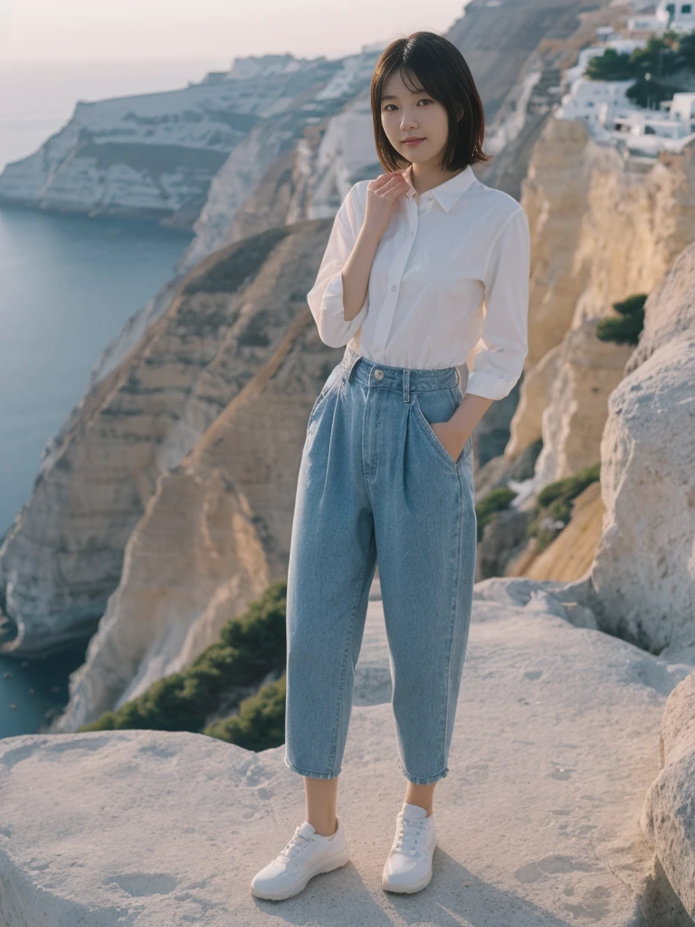 her name is Asako, high quality, 1girl, ((20-year-old fit Caucasian woman)), ((20 years old)), ((slim)), ((Korean Short Bob)), pose: standing, wearing Contemporary Generation-Z modern wear different colored, BACKGROUND: "Watching the sunset and then the stars from the cliffs of Oia, with the white-washed buildings glowing softly."