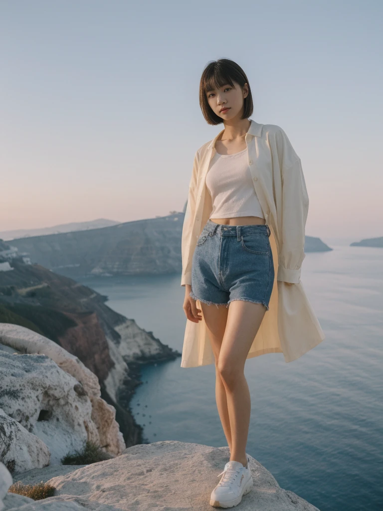 her name is Asako, high quality, 1girl, ((20-year-old fit Caucasian woman)), ((20 years old)), ((slim)), ((Korean Short Bob)), pose: standing, wearing Contemporary Generation-Z modern wear different colored, BACKGROUND: "Watching the sunset and then the stars from the cliffs of Oia, with the white-washed buildings glowing softly."
