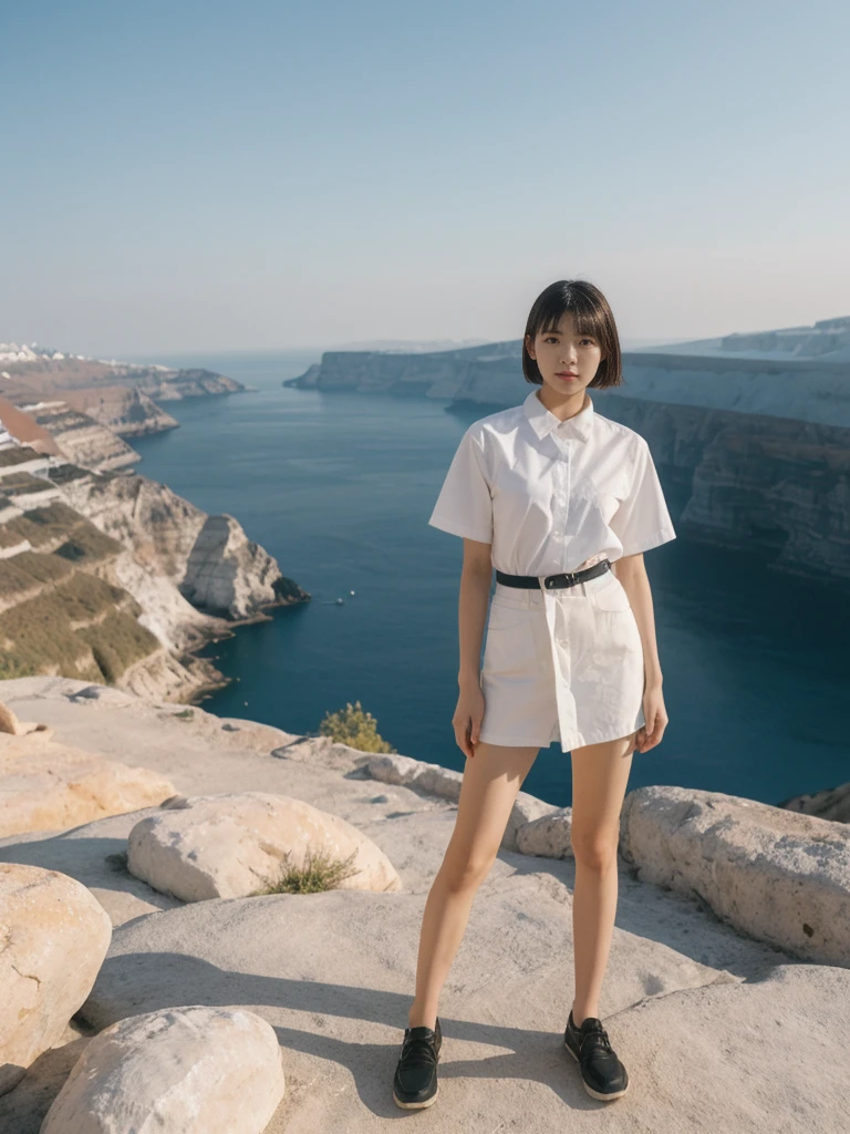 her name is Asako, high quality, 1girl, ((20-year-old fit Caucasian woman)), ((20 years old)), ((slim)), ((Korean Short Bob)), pose: standing, wearing Contemporary Generation-Z modern wear different colored, BACKGROUND: "Watching the sunset and then the stars from the cliffs of Oia, with the white-washed buildings glowing softly."