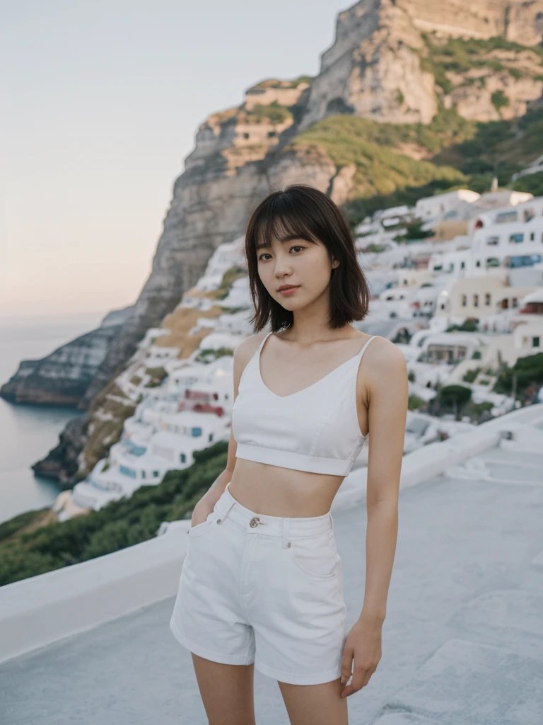 her name is Asako, high quality, 1girl, ((20-year-old fit Caucasian woman)), ((20 years old)), ((slim)), ((Korean Short Bob)), pose: standing, wearing Contemporary Generation-Z modern wear different colored, BACKGROUND: "Watching the sunset and then the stars from the cliffs of Oia, with the white-washed buildings glowing softly."