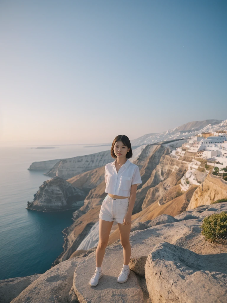 her name is Asako, high quality, 1girl, ((20-year-old fit Caucasian woman)), ((20 years old)), ((slim)), ((Korean Short Bob)), pose: standing, wearing Contemporary Generation-Z modern wear different colored, BACKGROUND: "Watching the sunset and then the stars from the cliffs of Oia, with the white-washed buildings glowing softly."