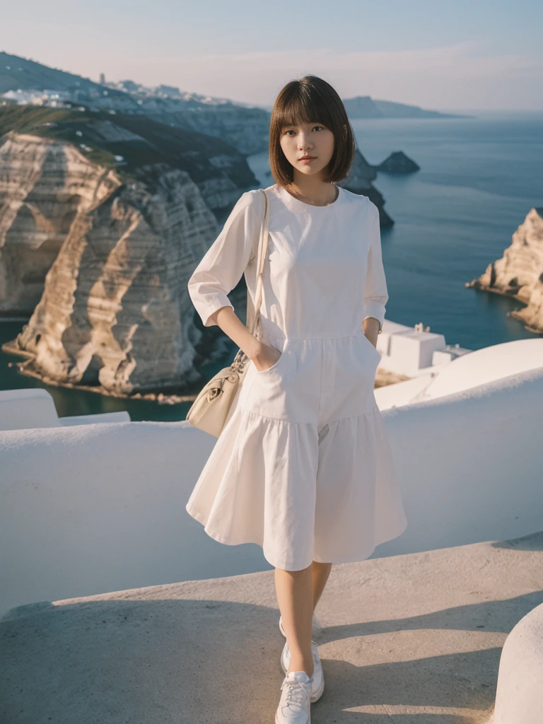 her name is Asako, high quality, 1girl, ((20-year-old fit Caucasian woman)), ((20 years old)), ((slim)), ((Korean Short Bob)), pose: standing, wearing Contemporary Generation-Z modern wear different colored, BACKGROUND: "Watching the sunset and then the stars from the cliffs of Oia, with the white-washed buildings glowing softly."