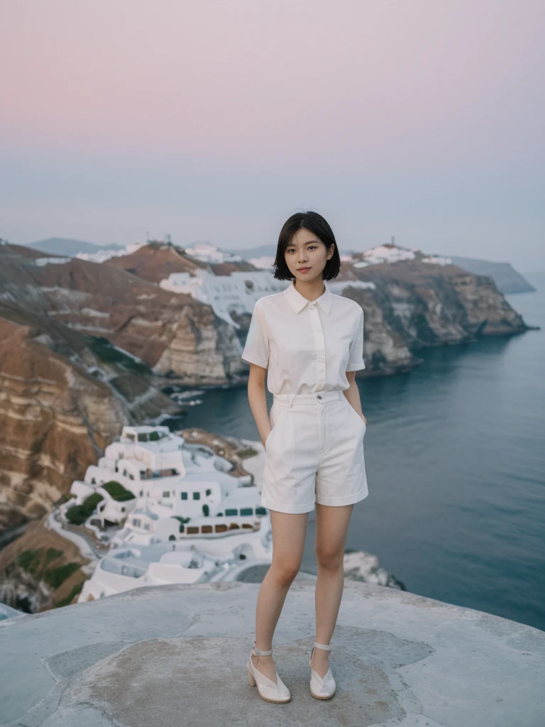 her name is Asako, high quality, 1girl, ((20-year-old fit Caucasian woman)), ((20 years old)), ((slim)), ((Korean Short Bob)), pose: standing, wearing Contemporary Generation-Z modern wear different colored, BACKGROUND: "Watching the sunset and then the stars from the cliffs of Oia, with the white-washed buildings glowing softly."