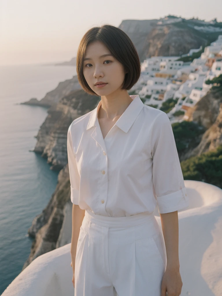 her name is Asako, high quality, 1girl, ((20-year-old fit Caucasian woman)), ((20 years old)), ((slim)), ((Korean Short Bob)), pose: standing, wearing Contemporary Generation-Z modern wear different colored, BACKGROUND: "Watching the sunset and then the stars from the cliffs of Oia, with the white-washed buildings glowing softly."
