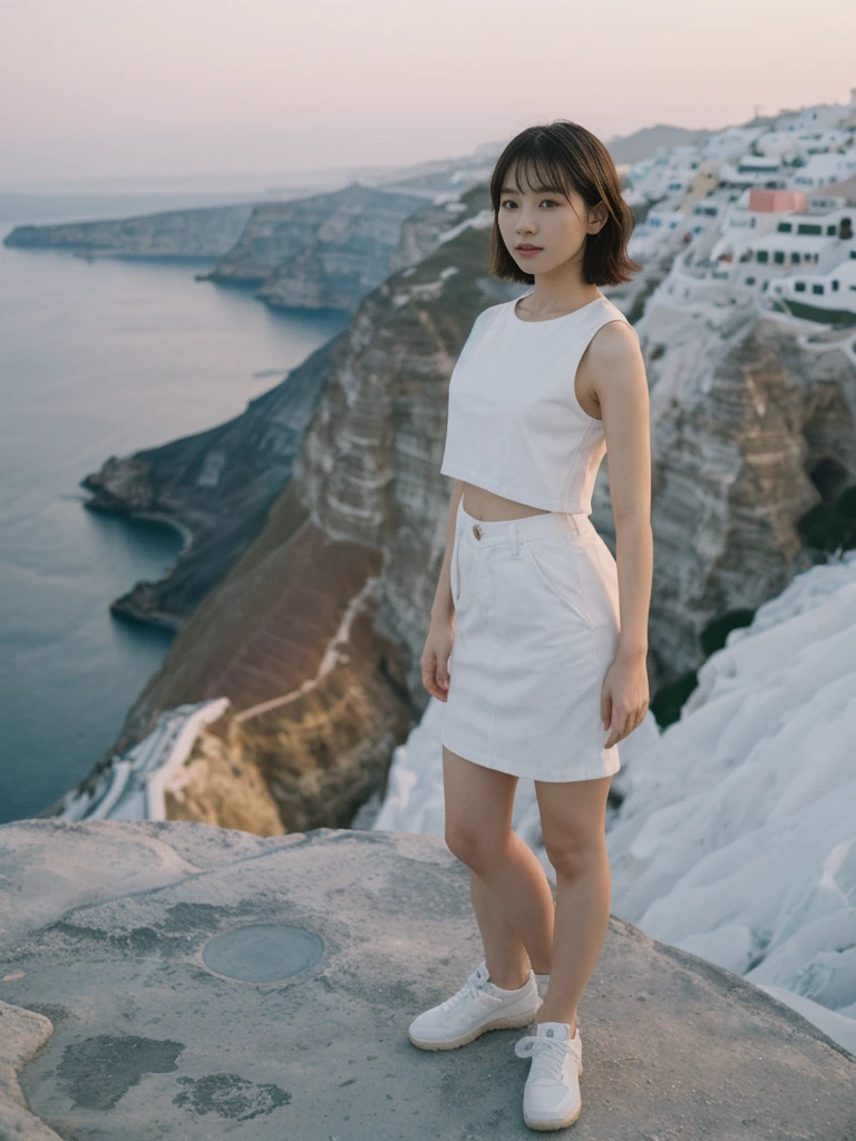 her name is Asako, high quality, 1girl, ((20-year-old fit Caucasian woman)), ((20 years old)), ((slim)), ((Korean Short Bob)), pose: standing, wearing Contemporary Generation-Z modern wear different colored, BACKGROUND: "Watching the sunset and then the stars from the cliffs of Oia, with the white-washed buildings glowing softly."