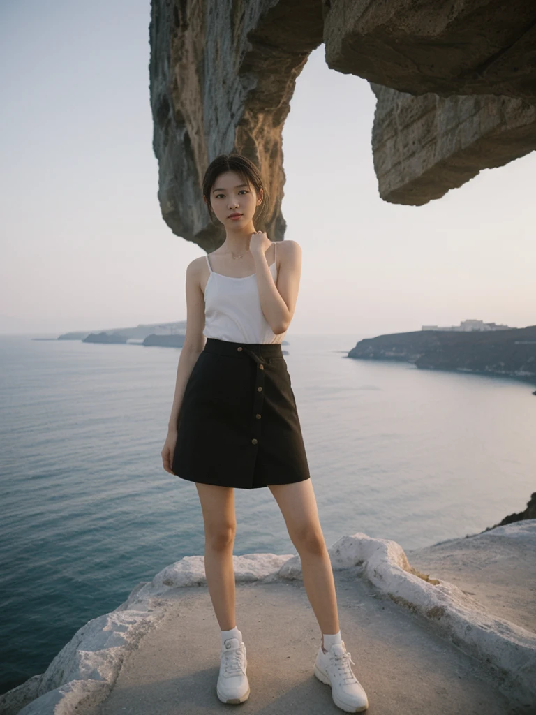 her name is Asako, high quality, 1girl, ((20-year-old fit Caucasian woman)), ((20 years old)), ((slim)), ((Korean Short Bob)), pose: standing, wearing Contemporary Generation-Z modern wear different colored, BACKGROUND: "Watching the sunset and then the stars from the cliffs of Oia, with the white-washed buildings glowing softly."