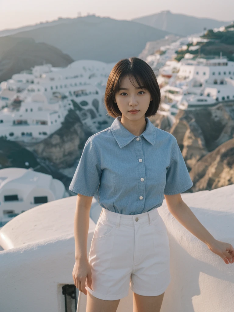 her name is Asako, high quality, 1girl, ((20-year-old fit Caucasian woman)), ((20 years old)), ((slim)), ((Korean Short Bob)), pose: standing, wearing Contemporary Generation-Z modern wear different colored, BACKGROUND: "Watching the sunset and then the stars from the cliffs of Oia, with the white-washed buildings glowing softly."