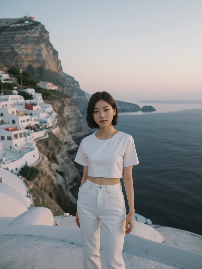 her name is Asako, high quality, 1girl, ((20-year-old fit Caucasian woman)), ((20 years old)), ((slim)), ((Korean Short Bob)), pose: standing, wearing Contemporary Generation-Z modern wear different colored, BACKGROUND: "Watching the sunset and then the stars from the cliffs of Oia, with the white-washed buildings glowing softly."