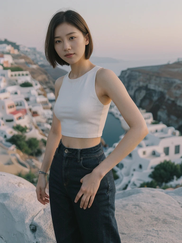 her name is Asako, high quality, 1girl, ((20-year-old fit Caucasian woman)), ((20 years old)), ((slim)), ((Korean Short Bob)), pose: standing, wearing Contemporary Generation-Z modern wear different colored, BACKGROUND: "Watching the sunset and then the stars from the cliffs of Oia, with the white-washed buildings glowing softly."