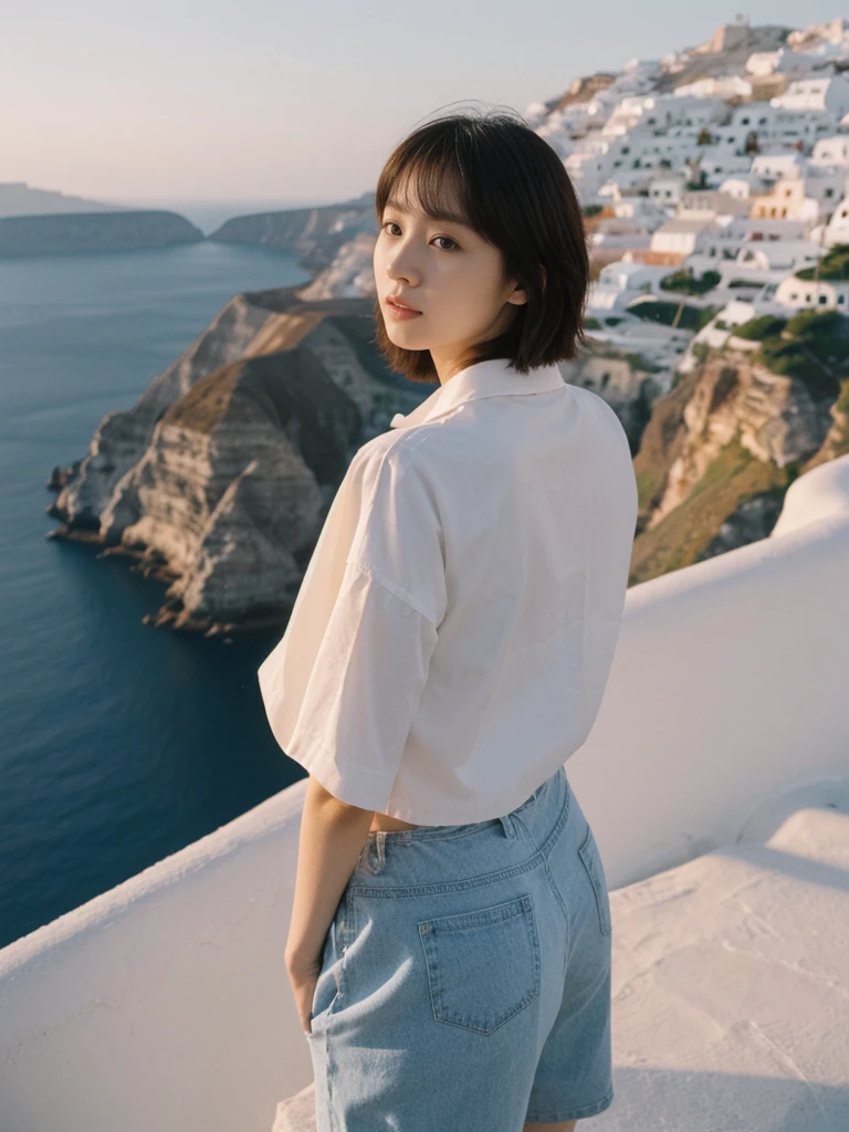 her name is Asako, high quality, 1girl, ((20-year-old fit Caucasian woman)), ((20 years old)), ((slim)), ((Korean Short Bob)), pose: standing, wearing Contemporary Generation-Z modern wear different colored, BACKGROUND: "Watching the sunset and then the stars from the cliffs of Oia, with the white-washed buildings glowing softly."