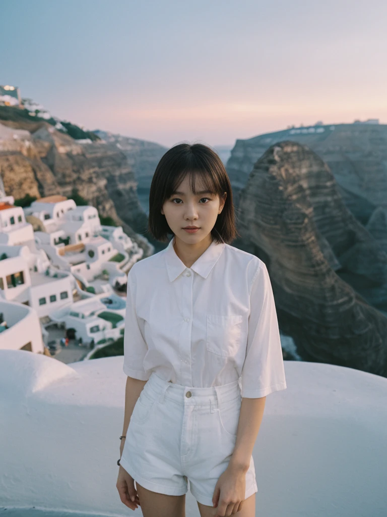 her name is Asako, high quality, 1girl, ((20-year-old fit Caucasian woman)), ((20 years old)), ((slim)), ((Korean Short Bob)), pose: standing, wearing Contemporary Generation-Z modern wear different colored, BACKGROUND: "Watching the sunset and then the stars from the cliffs of Oia, with the white-washed buildings glowing softly."