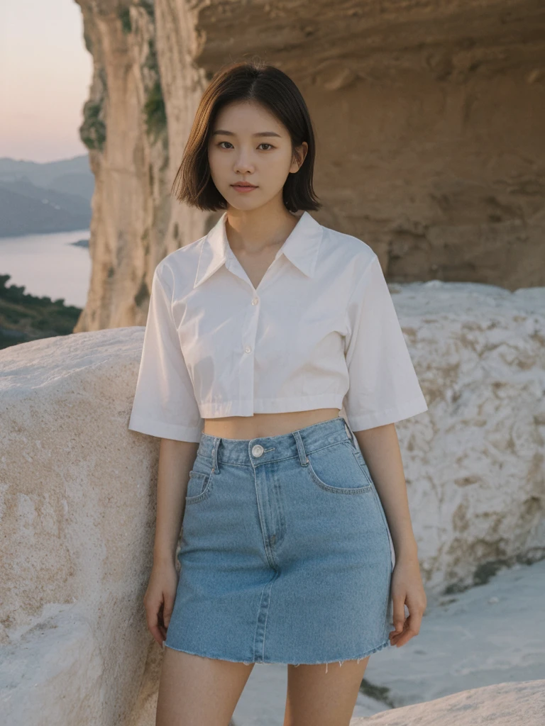 her name is Asako, high quality, 1girl, ((20-year-old fit Caucasian woman)), ((20 years old)), ((slim)), ((Korean Short Bob)), pose: standing, wearing Contemporary Generation-Z modern wear different colored, BACKGROUND: "Watching the sunset and then the stars from the cliffs of Oia, with the white-washed buildings glowing softly."