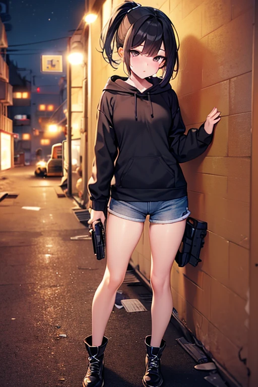 masterpiece, extra limbs,(1girl),ars old,(black ponytail), slant eyes, blank navy eyes,(medium breasts, small nipples, small areolas),pale white skin athlete skinny body,sullen,(standing against the wall),((clothed killer,black hooded sweatshirt,hot pants,black boots)),(have a gun),((slum alley,night:1.8)),collar,full body,pov