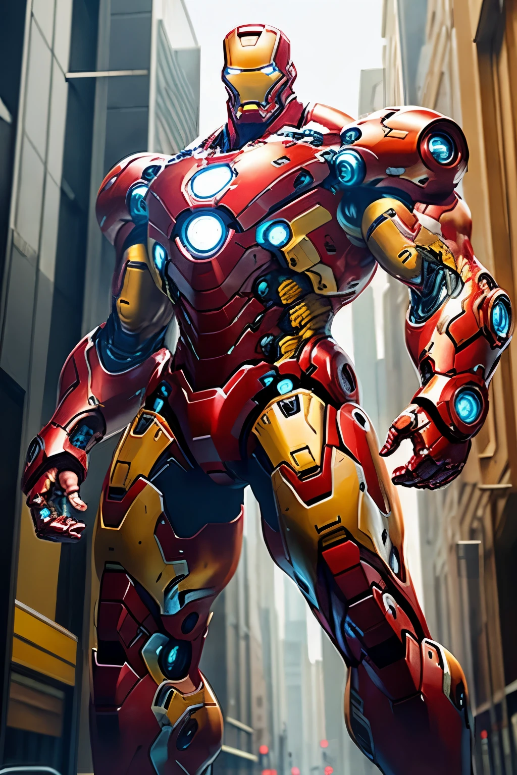 Iron Man Mega Bodybuilder, 3 meters tall, fully body, all yellow armor, worn, cyber punk, 8K. all-body, urban city background