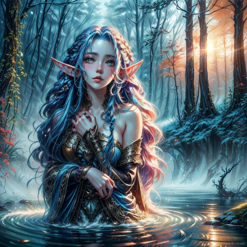 a young woman with ((long blue hair hair)) and elf make-up stands in a stream, blushing, shy, sad, 4k fantasy art, close up, gorgeous, young, innocent, 
detailed fantasy digital art, hyper-realistic fantasy art, Realistic fantasy artwork, beautiful fantasy art, HD-Fantasy-Kunst, detailed fantasy art, realistic fantasy painting, very beautiful fantasy art, digital art fantasy art, 4k highly detailed digital art, Detailed digital art in 4K, amazing fantasy art
