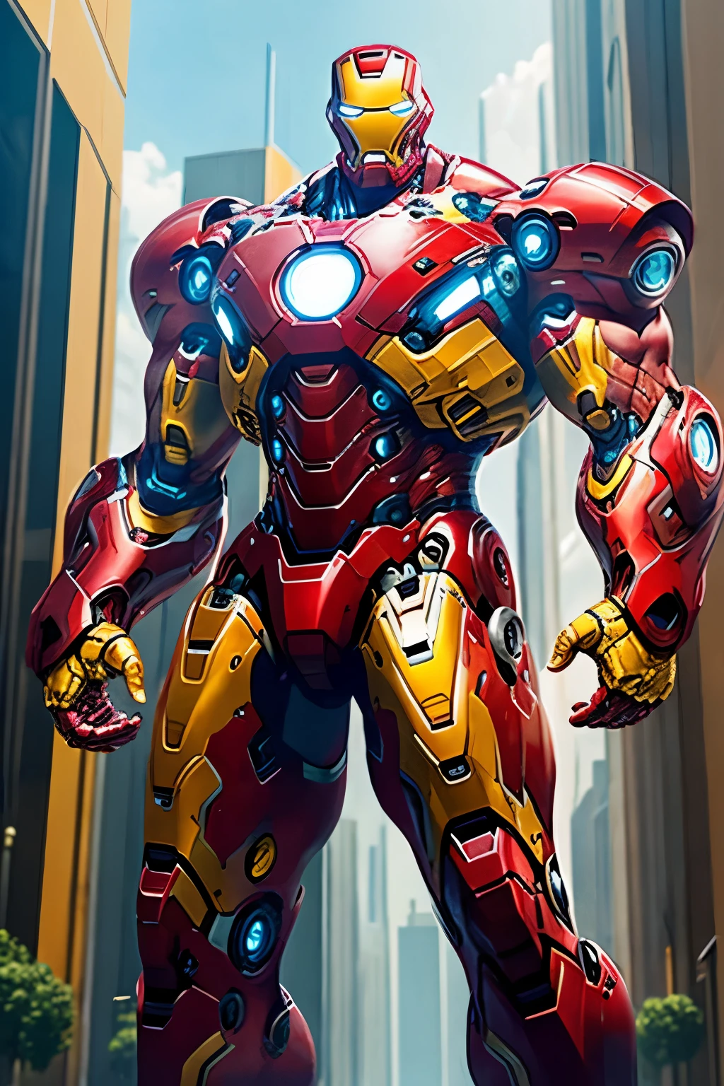 Iron Man Mega Bodybuilder, 3 meters tall, fully body, all yellow armor, worn, cyber punk, 8K. all-body, urban city background