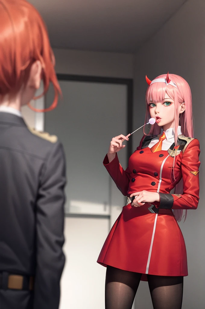 masterpiece, best quality, zero two \(darling in the franxx\), 1girl,horns,whtie hairband,long hair,pink hair,green eyes,,orange necktie, military uniform,red dress,black pantyhose,
grey background, lollipop, holding lollipop, tongue out,