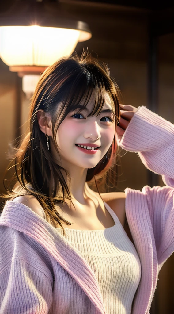 Highest quality, masterpiece, Ultra-high resolution, (Realistic:1.4), Raw photo, 1 girl, Take it off your shoulder, Bathrobes, Cinema Lighting, Realistic skin texture、Slim figure like a fashion model、21-year-old Japan woman、Brown long hair、Messy Hair、Smiling Kindly