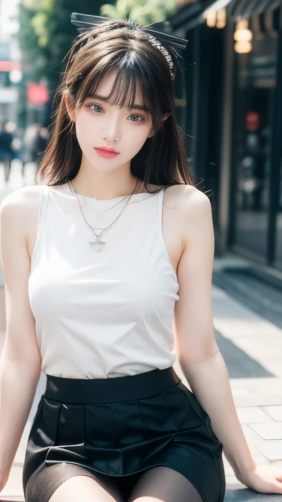 1 girl, best quality, masterpiece, high resolution, [purple|sublevel|green] _hair, Black mini skirt, hair accessory, necklace, Jewelry, Pretty Face, Expected, Full body view, Practical, outdoor, Modern Plaza, Two-color lighting, (High Detail Skin: 1.2), 8K UHD, Digital SLR Camera, Soft Light, high quality, Volumetric Light, frank, photo, high resolution, 4K, 8K, Background blur，(Wear pantyhose），Sitting，White top