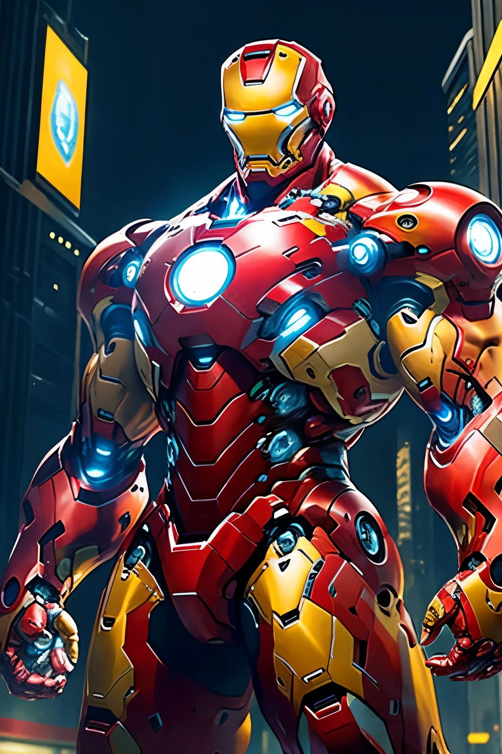 Iron Man Mega Bodybuilder, 3 meters tall, fully body, all yellow armor, worn, cyber punk, 8K. all-body, urban city background