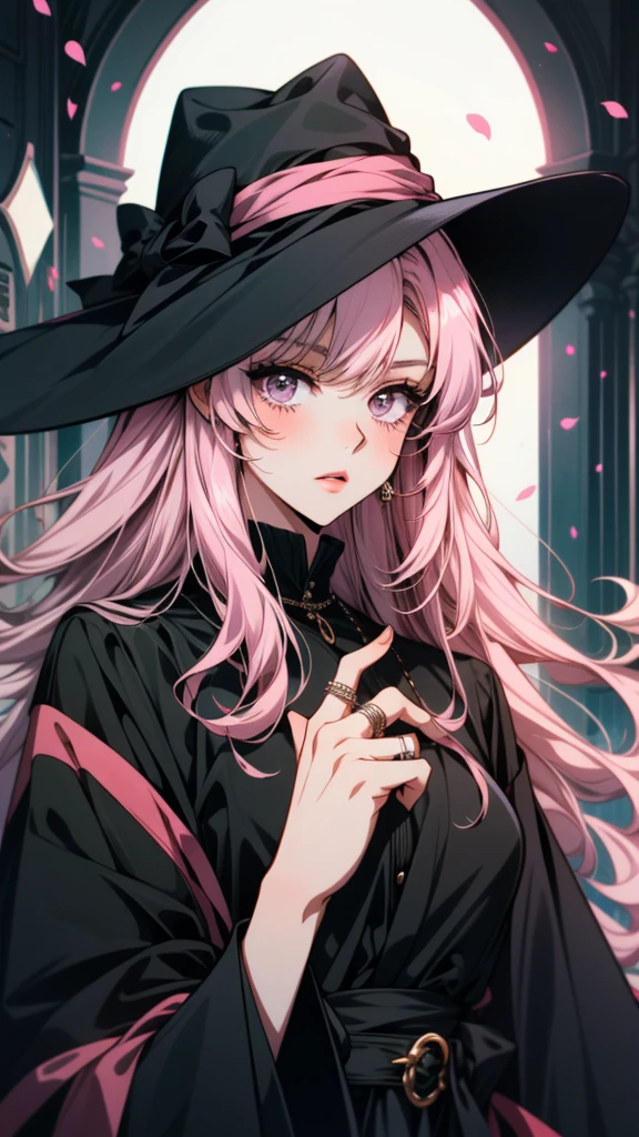 Pink hair and a black hat、Anime girl with a ring on her finger, 1 7  anime goth girl, Ishida Sui Art Manga, ( ( Stop 4 # ) ), inspired by Yukihiko Yasuda, black and white manga style, detailed manga style, Manga style, With index finger, ( ( ( yoh yoshinari ) ) )