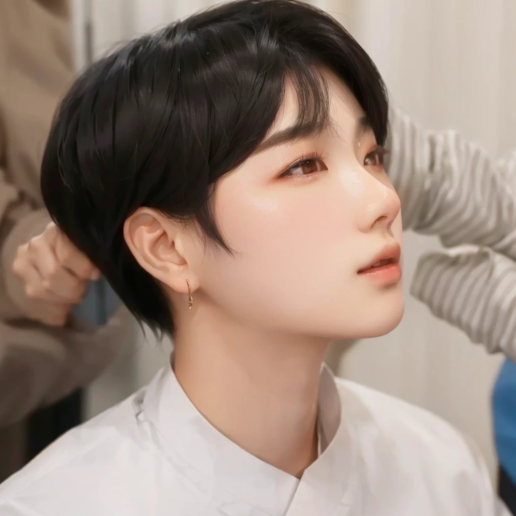 araffed asian woman having her hair cut by a woman, Kim Doyoung, Jungkook, cai xukun, Jinyoung Shin, Tae June Kim, hyung tae, adorable and pale korean face, he has an elongated head shape, inspired by jeonseok lee, Shin Jeongho, boy has short black hair, boy skinny face, inspired by Bian Shoumin, effeminate, wonyoung, androgen, rose, jimin
