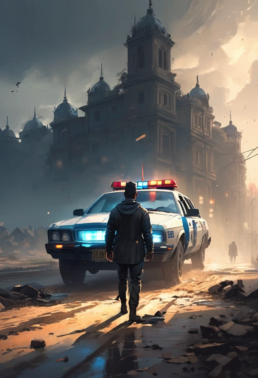 a man looking at the end of a straight road, (((a police car with sirens on behind the man))), the light of freedom ahead, a man's hands raised in triumph, rainy day, the old city, , a man's feet buried in the mud on the road, masterpiece, best quality, (very 8k unity CG wallpaper details), (best quality), (best illustration ), (best shadows), absurd, realistic lighting, (Abyss), beautiful light details, artwork by PeterMohrBacher,