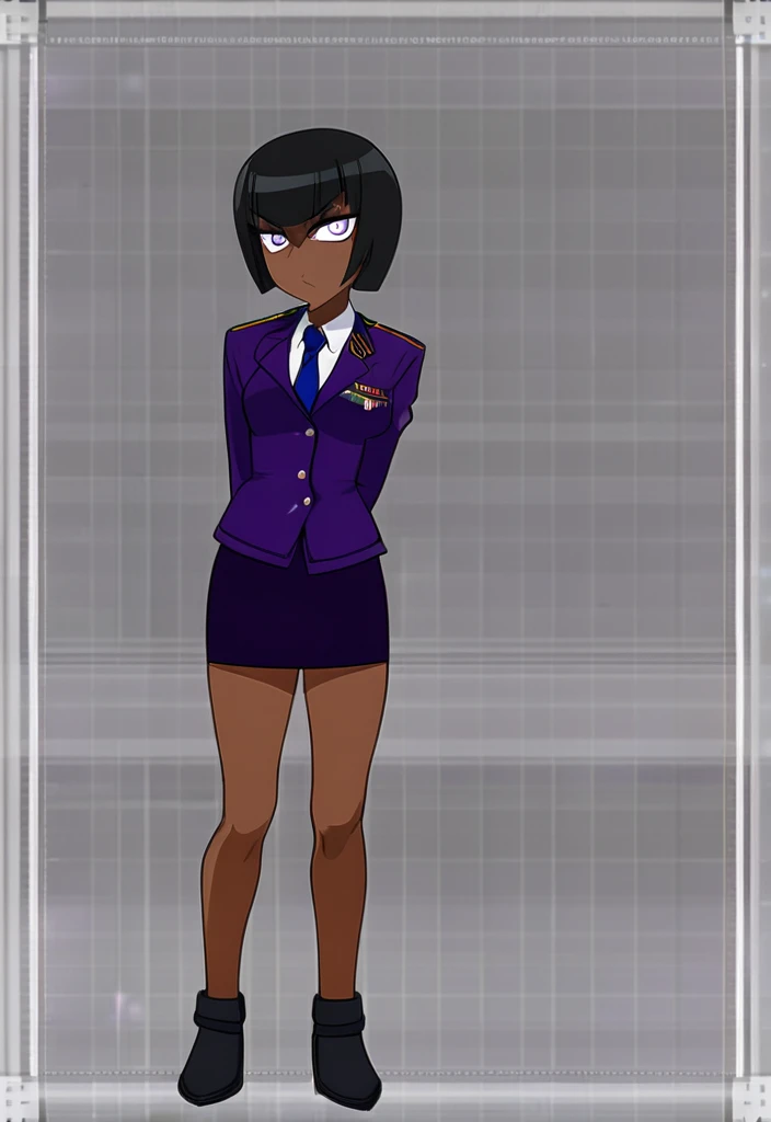 Make a evil military black anime woman in a purple skirt suit witha tie on full body