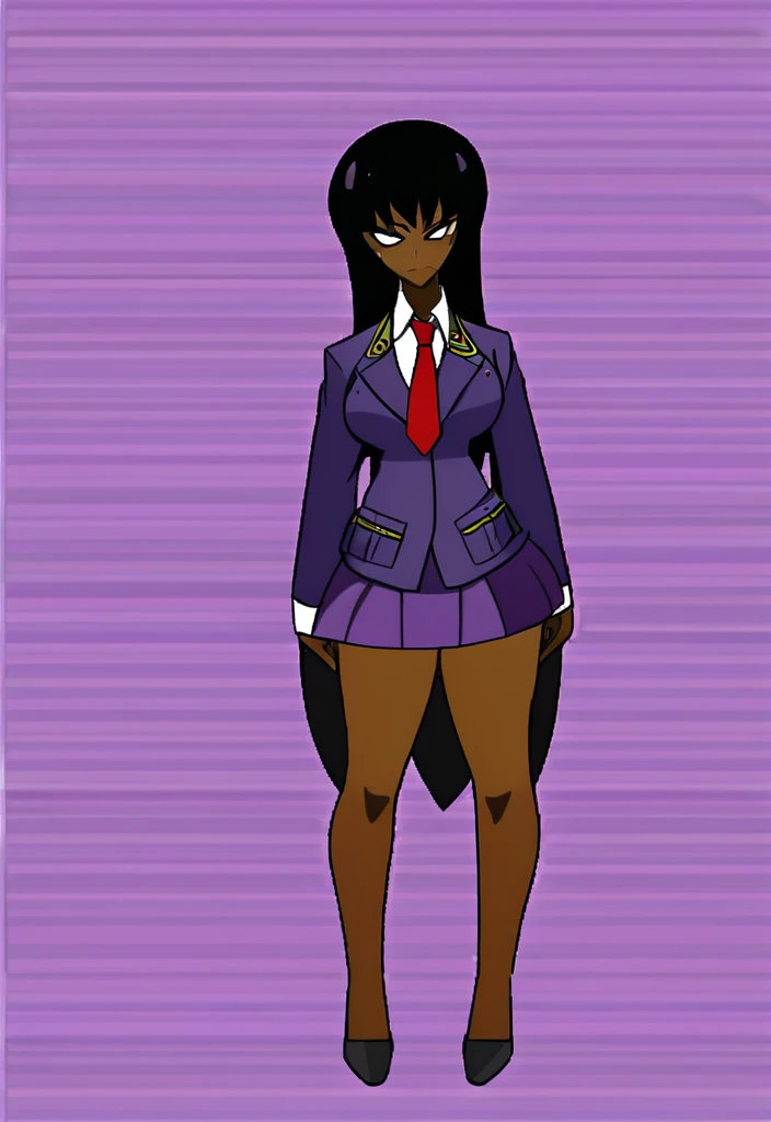 Make a evil military black anime woman in a purple skirt suit witha tie on full body