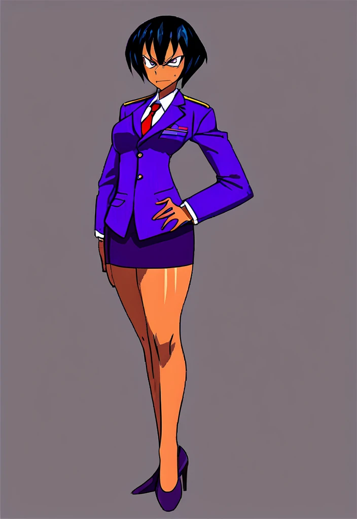 Make a evil military black anime woman in a purple skirt suit witha tie on full body