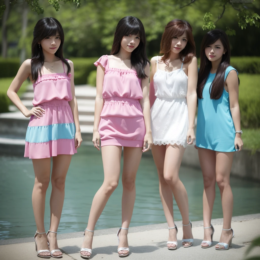 A beautiful 4 girls in pink blue aqua and red tight mini house dress, wearing bikini g-string, full body, with female friends, bobbed long hair, bangs hairstyle, high heels, little smile, standing,(best quality,4k,8k,highres,masterpiece:1.2),ultra-detailed,(realistic,photorealistic,photo-realistic:1.37),vivid colors,high fashion,glamour,portrait,fashion,beauty
