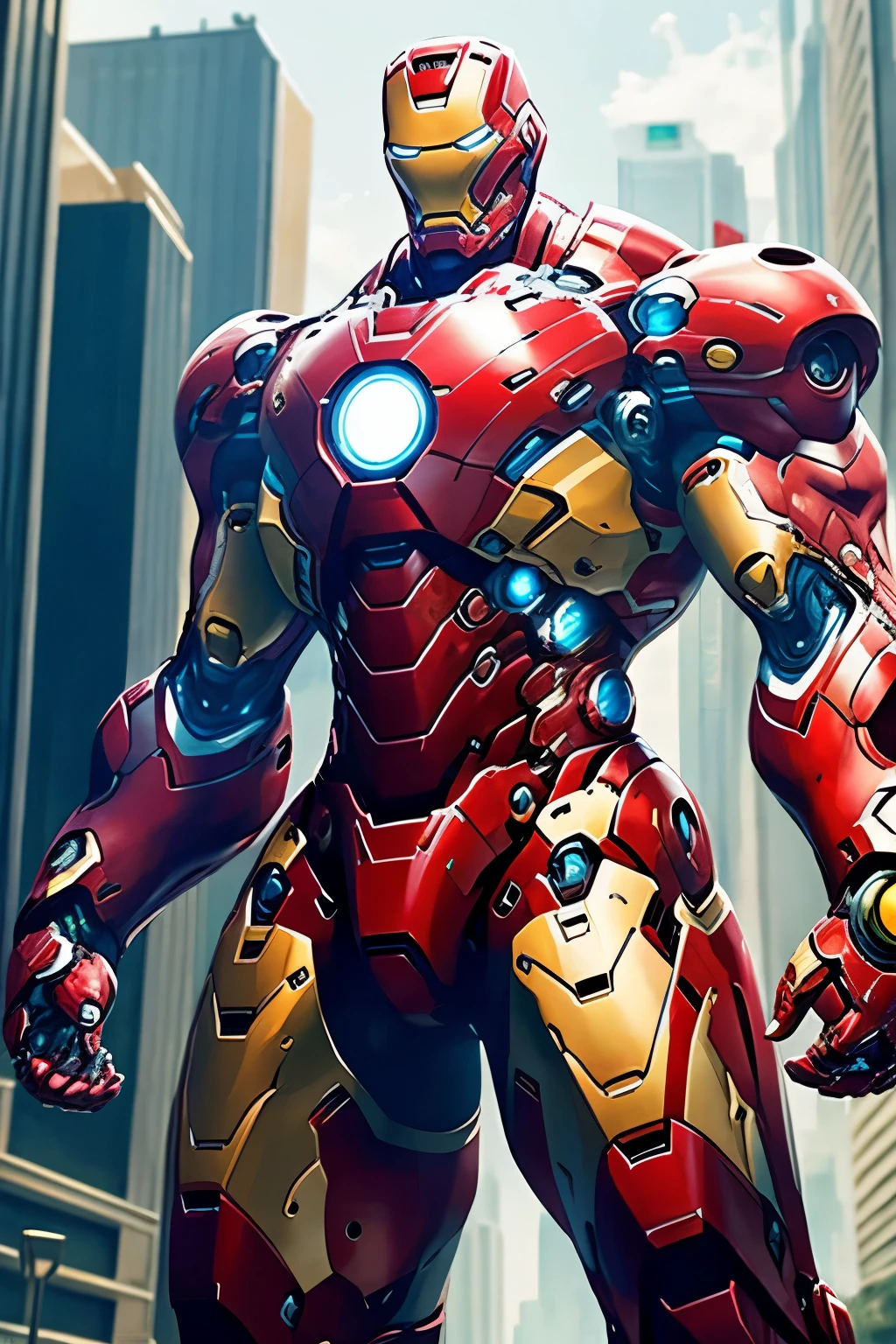 Iron Man Mega Bodybuilder, 5 metros de alto, fully body, all white and gold armor, worn out by battles, cyber punk, 8K. all-body, urban city background