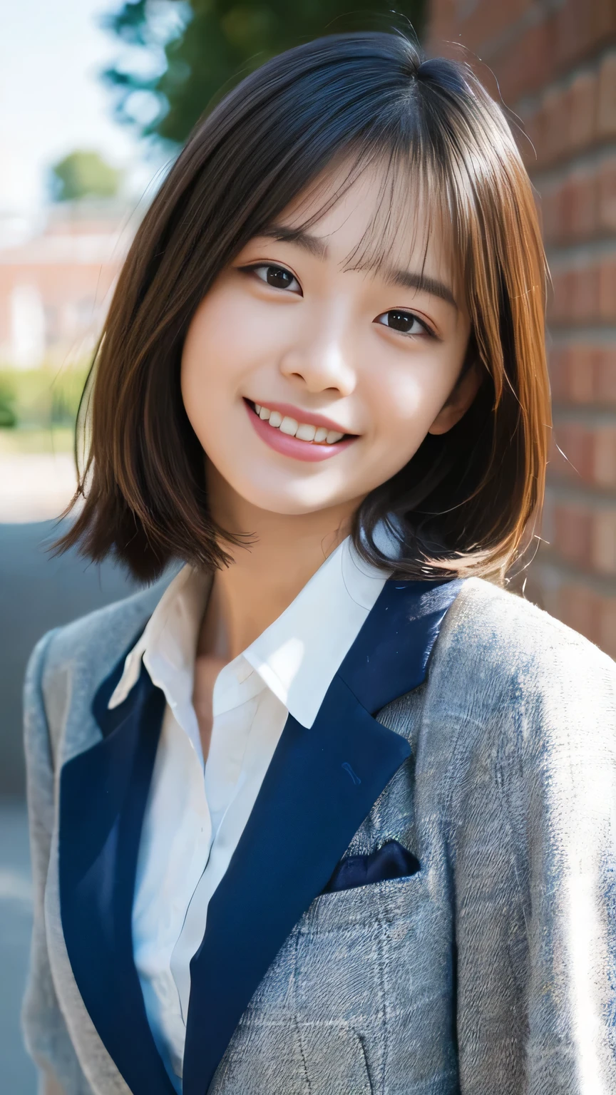 (Highest quality,8K quality,masterpiece:1.3),(Ultra-high resolution,Realistic:1.4,RAW Photos),(Very detailed,Caustics,Detailed Background),(Ultra-Realistic Capture,beautifully detailed skin,Perfect Anatomy),high school student、School building,Schoolyard,18-year-old,cute,single eyelid,School blazer uniform,Looking into the camera,Laughter,Bust up shot,Natural soft light