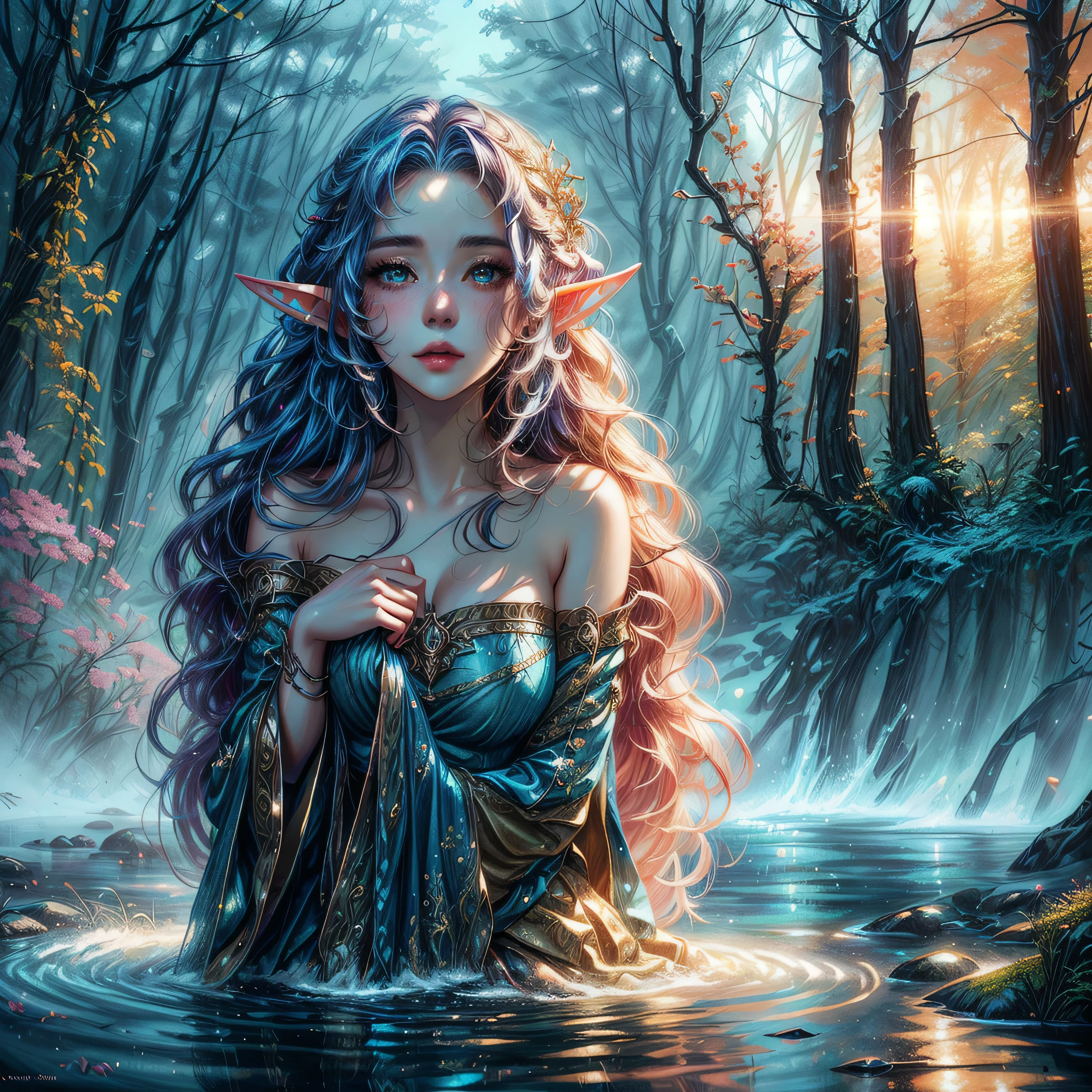 a young woman with long blue hair hair and elf make-up stands in a stream, blushing, shy, sad, 4k fantasy art, close up, detailed fantasy digital art, hyper-realistic fantasy art, Realistic fantasy artwork, beautiful fantasy art, HD-Fantasy-Kunst, detailed fantasy art, realistic fantasy painting, very beautiful fantasy art, digital art fantasy art, 4k highly detailed digital art, Detailed digital art in 4K, amazing fantasy art