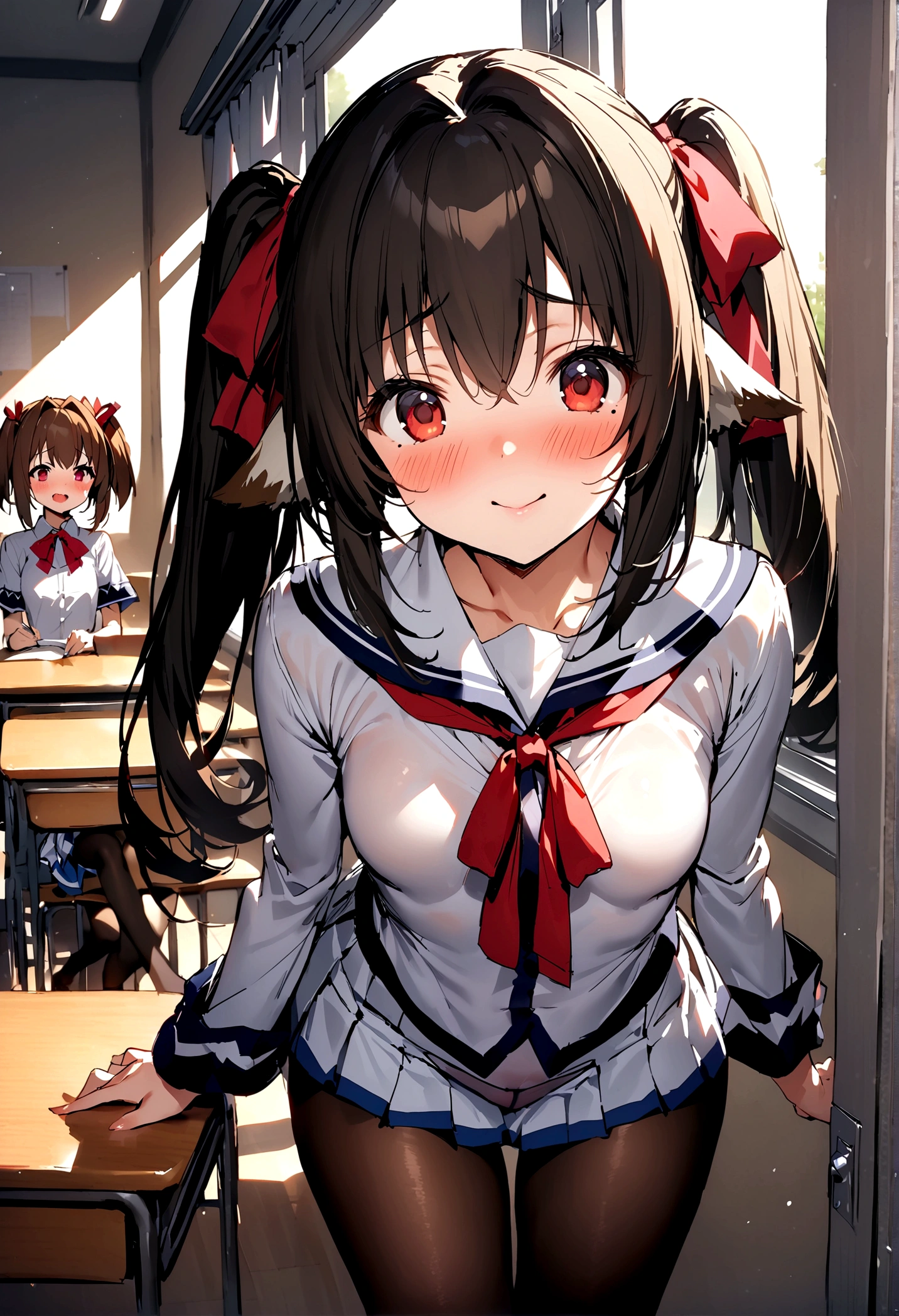 NSFW,masterpiece,Highest quality,High resolution,Super detailed,nekone \(utawarerumono\),Brown Hair、(Red Eye:1.3)、ribbon、Animal Ears、Twin tails、ヘアribbon、Mole、目の下のMole,Small breasts,uniform,mini skirt,white silk panties,pantyhose,Embarrassed,blush,Expecting face,Seduce,smile,School,classroom,Being spoiled