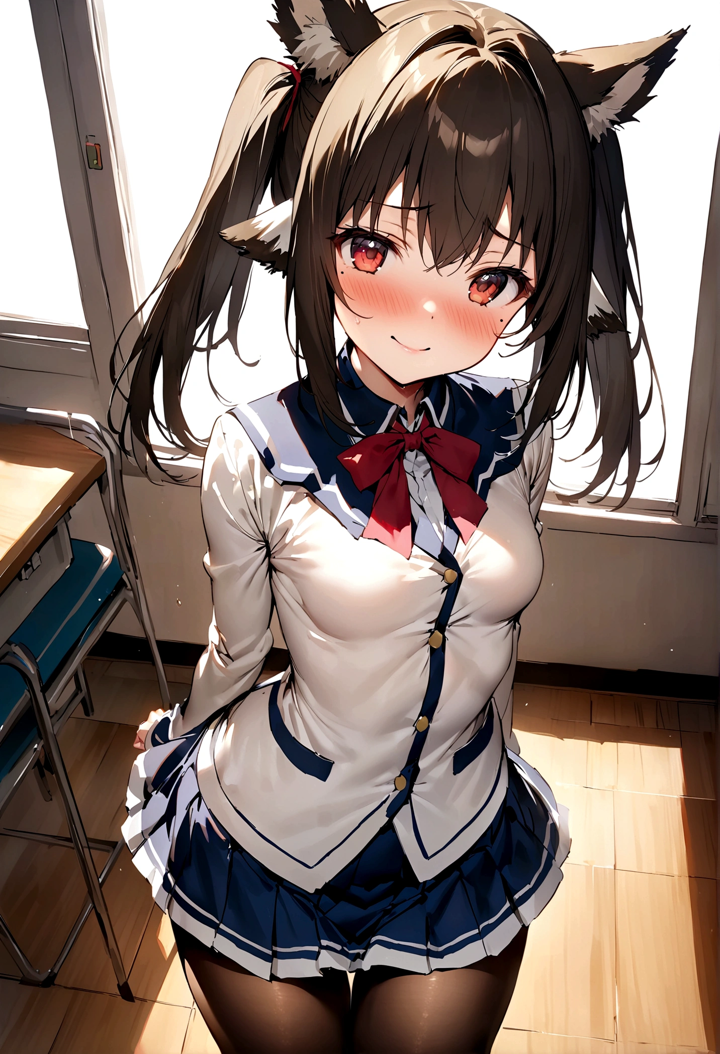 NSFW,masterpiece,Highest quality,High resolution,Super detailed,nekone \(utawarerumono\),Brown Hair、（Red Eye：1.3）、ribbon、Animal Ears、Twin tails、ヘアribbon、Mole、目の下のMole,Small breasts,uniform,mini skirt,white silk panties,pantyhose,Embarrassed,blush,Expecting face,Seduce,smile,School,classroom,Being spoiled