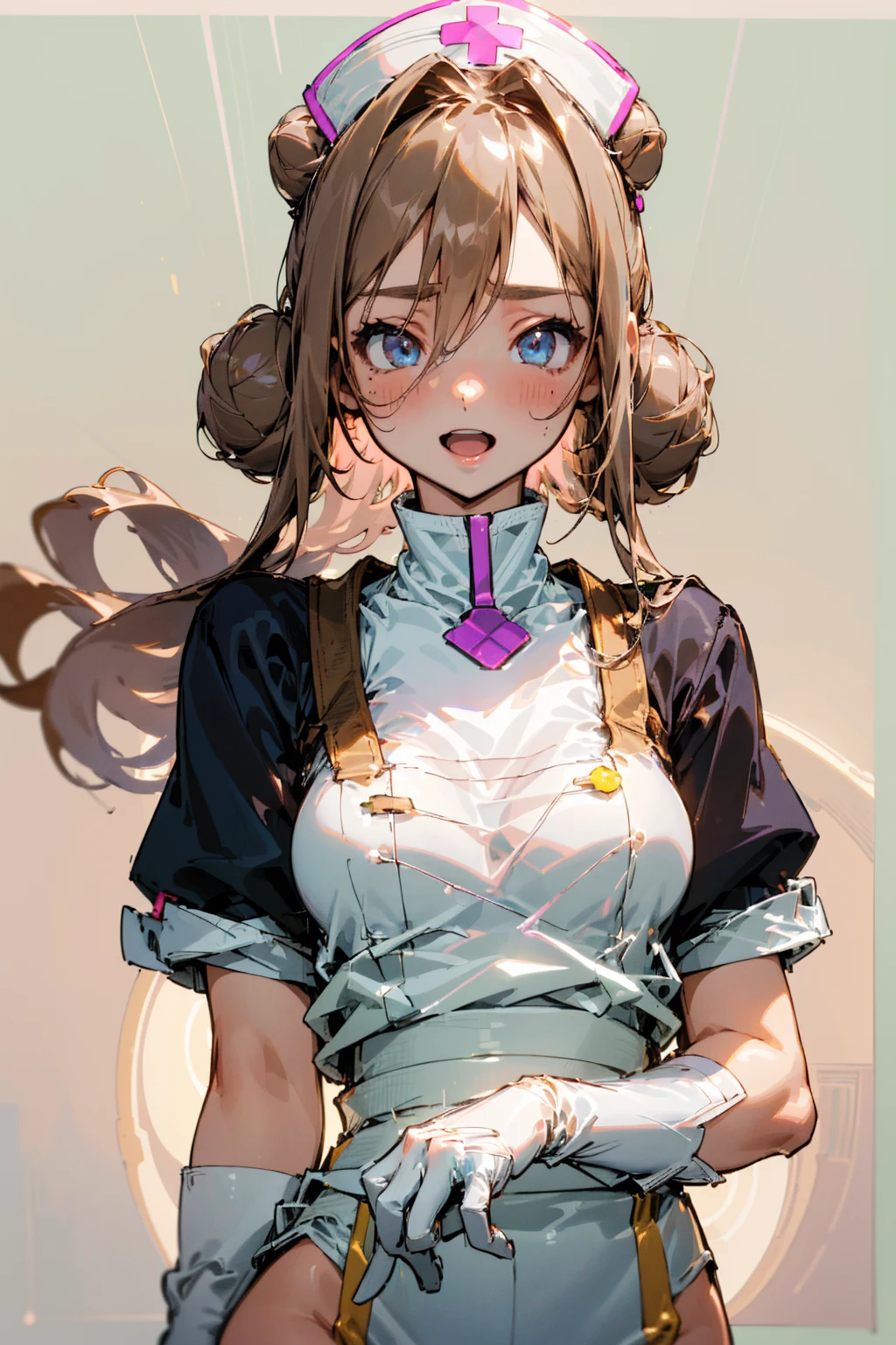 (masterpiece:1.2, Top quality, Ultra-high resolution, Extremely detailed), (Practical, photoPractical:1.4), Nice illustration, (Natural side light, light),
Looking at the audience, (Face Focus, Upper Body), 1 girl, Japanese, Nurse, 19 years old, Perfect face, (Perfect anatomical structure), Cute and symmetrical face, baby face, Glowing skin, slim
(Zhongfa:1.1, Half bun:1.5, Light brown hair), Hair between the eyes, blue eyes, Moles under the eyes, Pink lips, Long eyelashes, (Medium breasts),
Beautiful hair, Pretty Face, Beautiful and delicate eyes, Beautiful clavicle, Beautiful Body, Beautiful breasts, Beautiful thighs, Beautiful legs,
((Detailed fabric texture, Nurse cap, Short sleeve, light pink mini Nurse wear, White Leg Clothing, Absolutely great opportunity, White gloves)),
(Beautiful scenery), daytime, (In the hospital ward, Modern), permanent, (Charming smile, Upper Eye, open mouth),