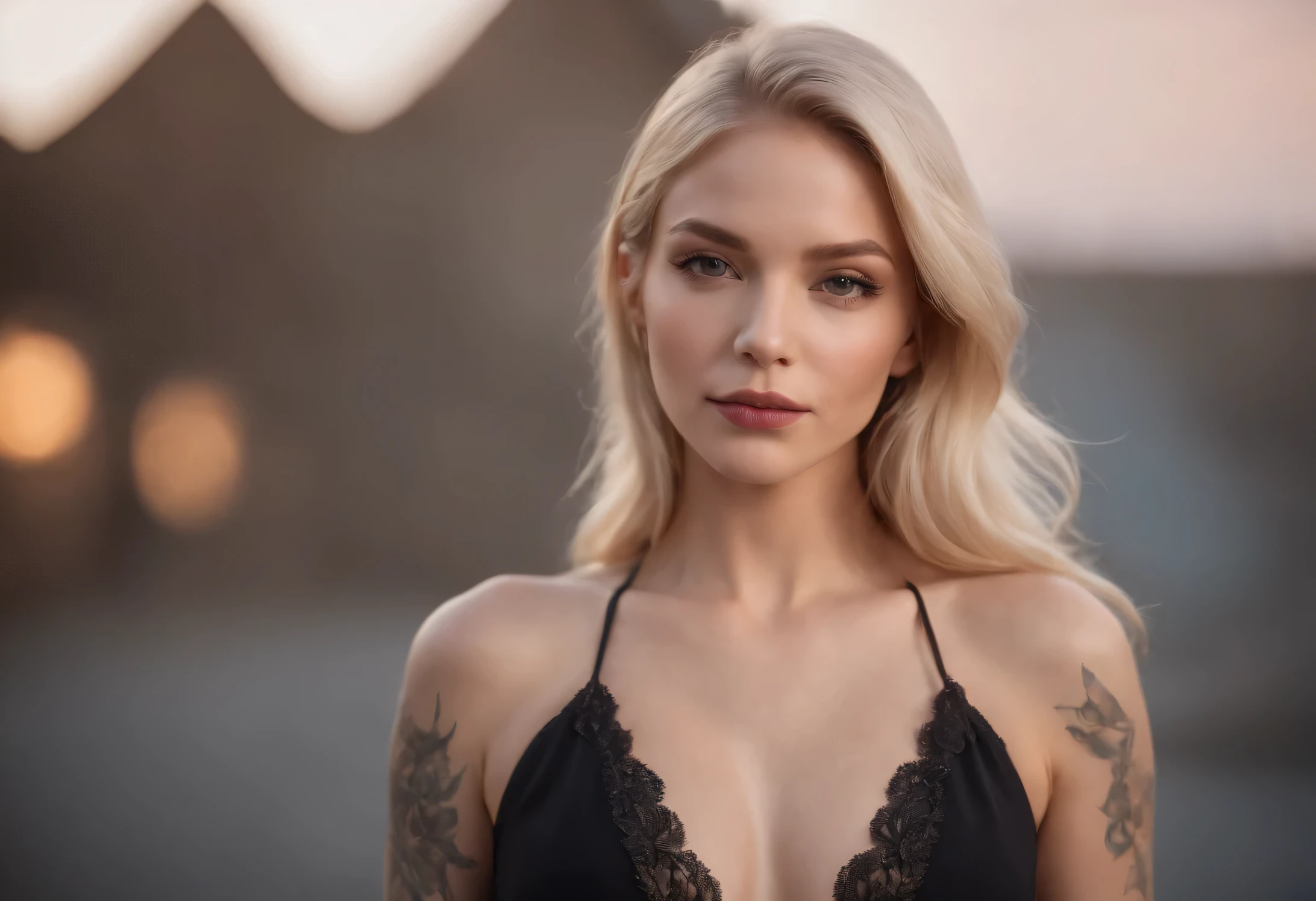 Blonde woman with tattoos on her body wearing a stunning low-cut black dress 