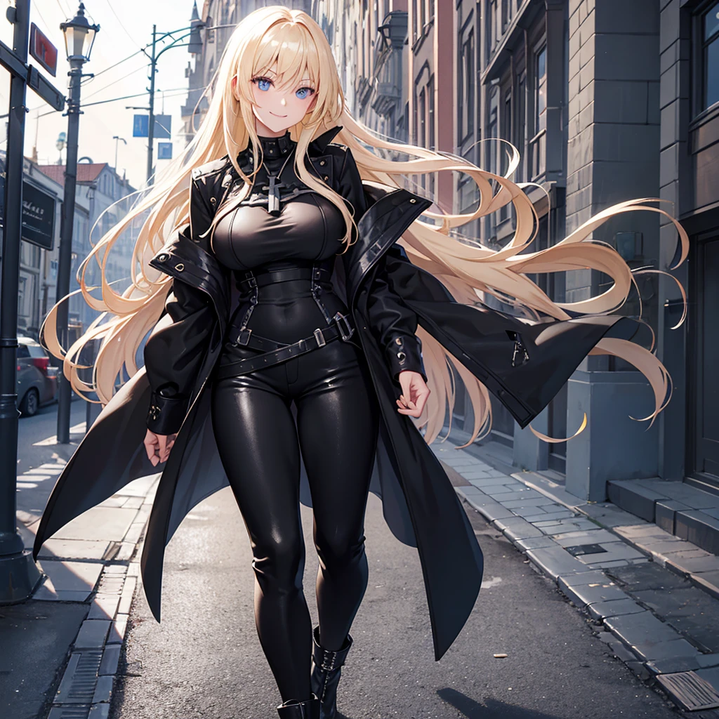 A woman wearing a black shirt with a white iron cross design, wearing a long black jacket, wearing feminine black pants, black boots, blonde hair, long hair, standing posture, blue eyes, smiling, big breasts, walking in a sidewalk of a traditional German city, necklace with the iron cross around the neck.,UHD , prime work , accurate , anatomically correct , textured skin , super details , high quality , best quality, 8k, high resolution, bokeh effect. (woman alone)
