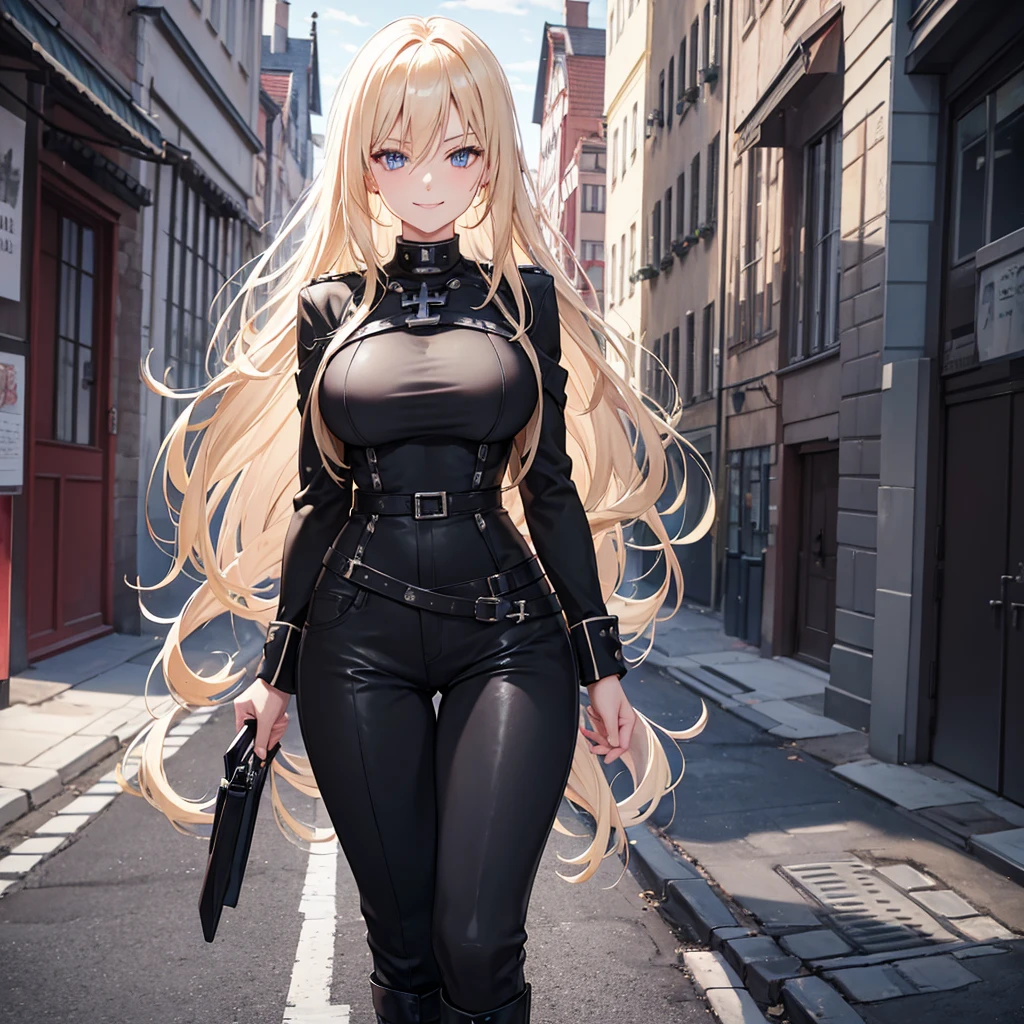 A woman wearing a black shirt with a white iron cross design, wearing a long black jacket, wearing feminine black pants, black boots, blonde hair, long hair, standing posture, blue eyes, smiling, big breasts, walking in a sidewalk of a traditional German city, necklace with the iron cross around the neck.,UHD , prime work , accurate , anatomically correct , textured skin , super details , high quality , best quality, 8k, high resolution, bokeh effect. (woman alone)
