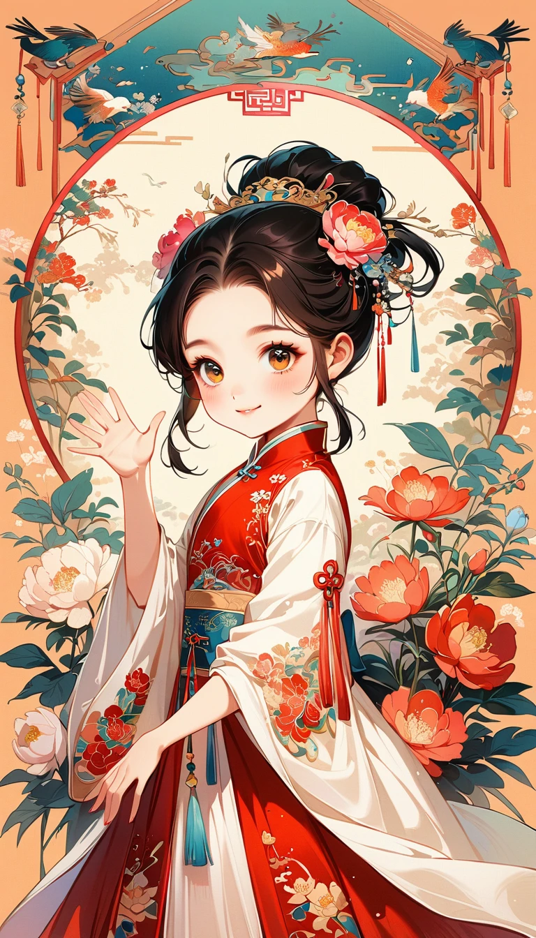 A beautiful young 5 years old little girl in traditional Chinese attire, sweet smile, from side, lively and kawaii pose, waving hands, charming and attractive sexy pose, surrounded by a lush garden. gazing at it with gentle eyes. The woman's hair is styled in an elaborate updo adorned with flowers and traditional ornaments. Her dress is elegant, pink and white color tone, featuring fine silk with floral embroidery. The garden is in full bloom, with peonies and other flowers providing a backdrop. The scene captures the serenity and beauty of classical Chinese art, with a touch of nature harmony, (((Ultra-high saturation, high natural saturation, extremely bright colors)))