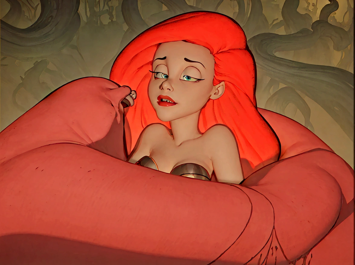 there is a woman with red hair sitting in a giant red ball, big tentacle sneak around, jessica rabbit, second life avatar, in a red dish, some tentacles are touching her, tentacles around, imvu, crimson themed, with a tentacle - shaped tongue, deviant art, 3 d cartoon, single tentacle, tentacle