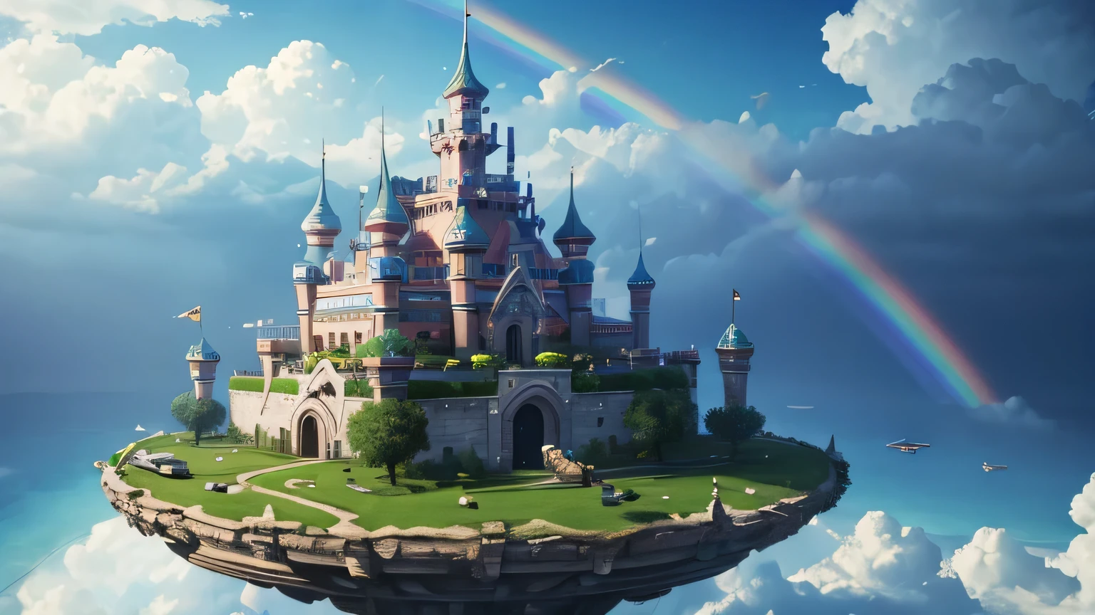 masterpiece、Highest quality、High resolution、Follow the prompts、Floating fort in the sky、rainbow