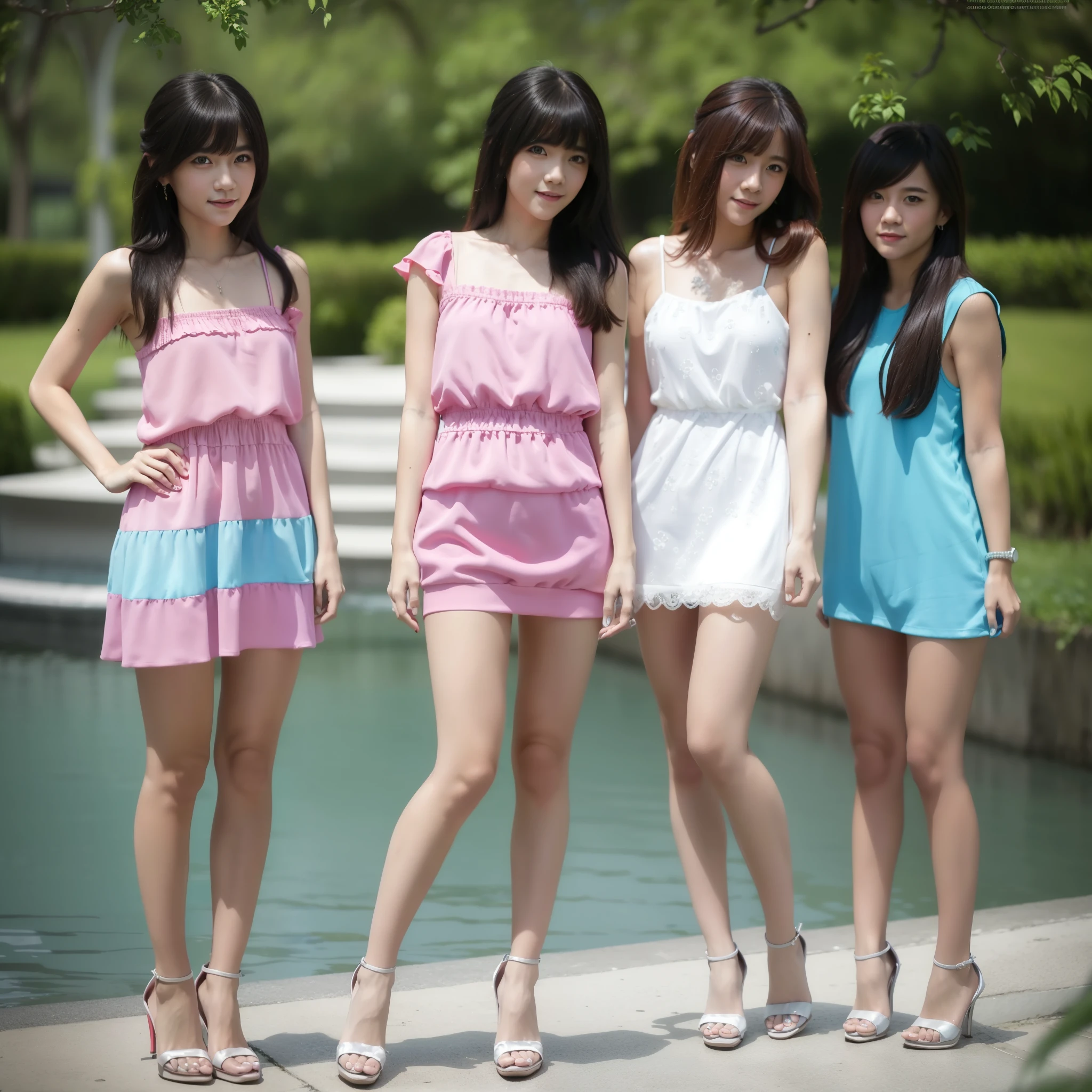 A beautiful 4 girls in pink blue aqua and red tight mini house dress, wearing bikini g-string, full body, with female friends, bobbed long hair, bangs hairstyle, high heels, little smile, standing,(best quality,4k,8k,highres,masterpiece:1.2),ultra-detailed,(realistic,photorealistic,photo-realistic:1.37),vivid colors,high fashion,glamour,portrait,fashion,beauty