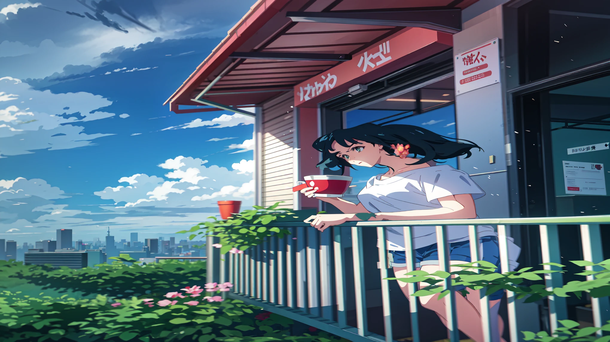 Girl standing on balcony with mug in hand, cgsociety 9, Chill Hop, Alena Aenami and Artgerm, Makoto Shinkai and Artgelm, The Lo-Fi Girl Aesthetic, Anime Scenery, makoto shinkai and (Cain Kuga), Lo-fi aesthetic, Anime scenery, Anime Nature, roof backgrond, Anime Wallpaper
