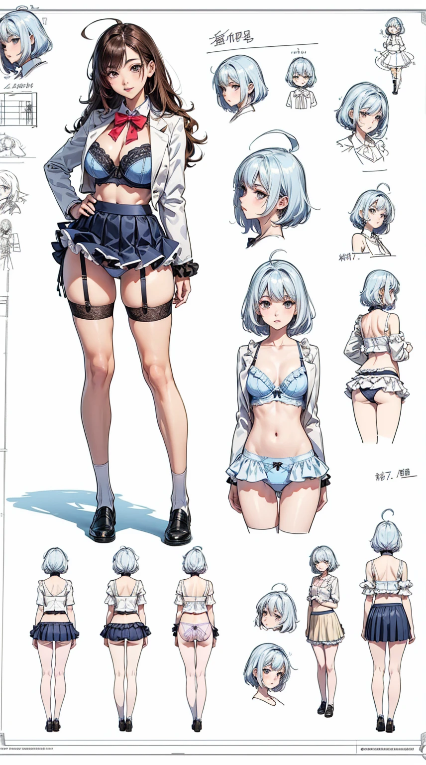 girl, alone, whole body, From head to toe, Are standing, (Huge_chest:1.3),

Character design sheet, Character Reference Sheet, 設計図のSchematic, Drafting, Blueprint, Schematic,
((Character design sheet:1.7, Character Reference Sheet:1.7,)),

anime/cartoon character wearing a girls , 1girl, alone, Thigh-high socks, blazer burezaa (blazer), Ahoge, Long Hair, bow, , shoes, loafers, ribbon, (Very short skirt:1.4), (frilled panties:1.5),, (frilled bra:1.5),