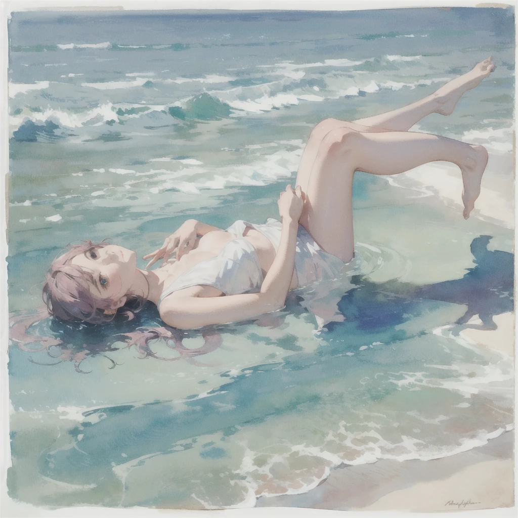 Tranquil voyager girl, in watercolor style, Photorealism, discreet pink and mint shades, barefoot