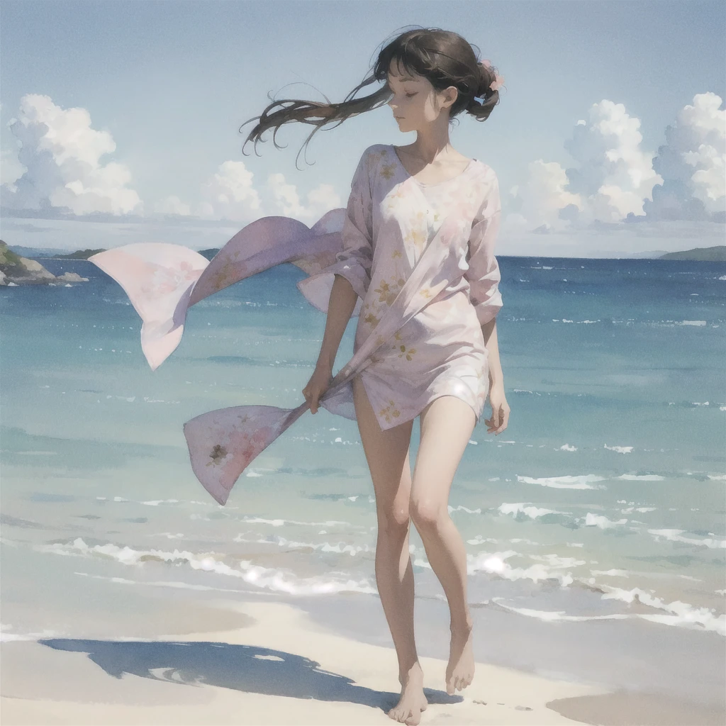 alone in the universe, Paint in watercolor style, Photorealism, discreet golden and ruby and mint shades, (nude) a gentle, modest thin girl of  with tender nipples walks barefoot in the distance along the coast